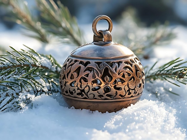 Photo ornate metal christmas ornament on snowy pine branch illustration