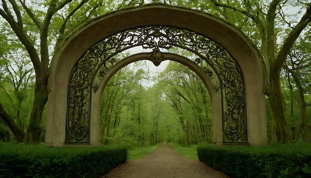 Photo ornate metal gate opening onto path leading through forest in spring