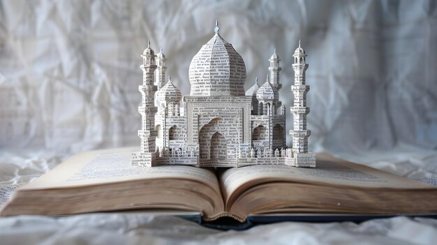 Ornate Minimalist Mosque Emerging from Open Book Collage