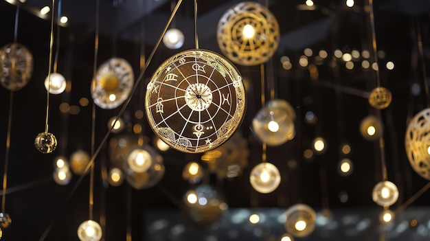 Photo an ornate modern chandelier with zodiac symbols hanging from it