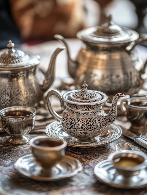 Ornate Moroccan Tea Set With Silver Filigree