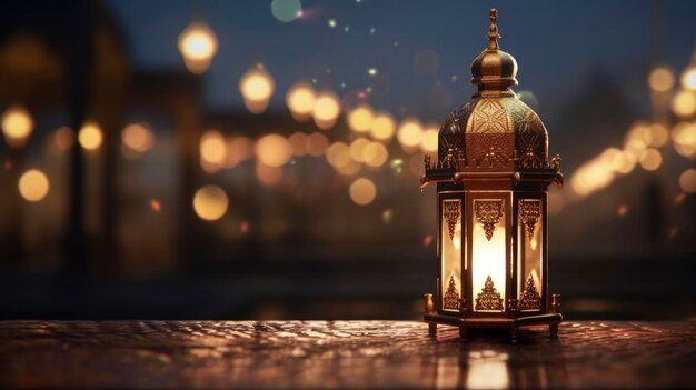 Ornate oriental lantern with bokeh lights and mosque