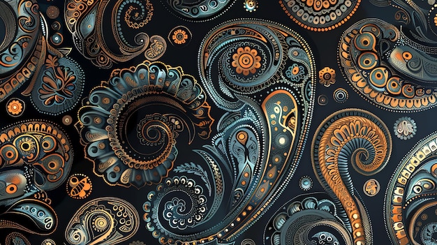 Ornate paisley pattern in blue gold and black