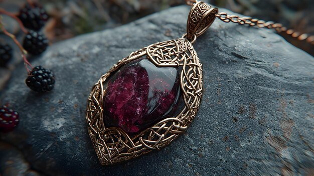 Photo ornate pendant with rough amethyst crystal on moody blackberry backdrop