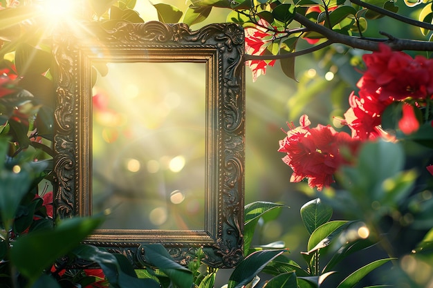 Photo ornate picture frame in a vibrant flower garden at sunrise with sunlight filtering through