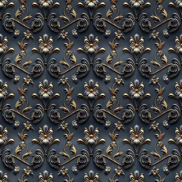 Photo ornate silver and gold floral pattern on a dark background