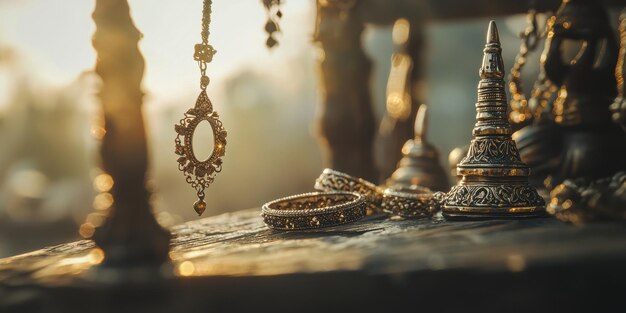 Photo ornate silver jewelry in golden sunlight