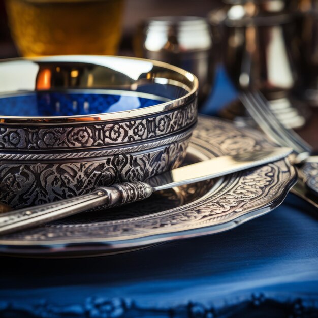 Photo ornate silver plate with a knife on a blue tablecloth