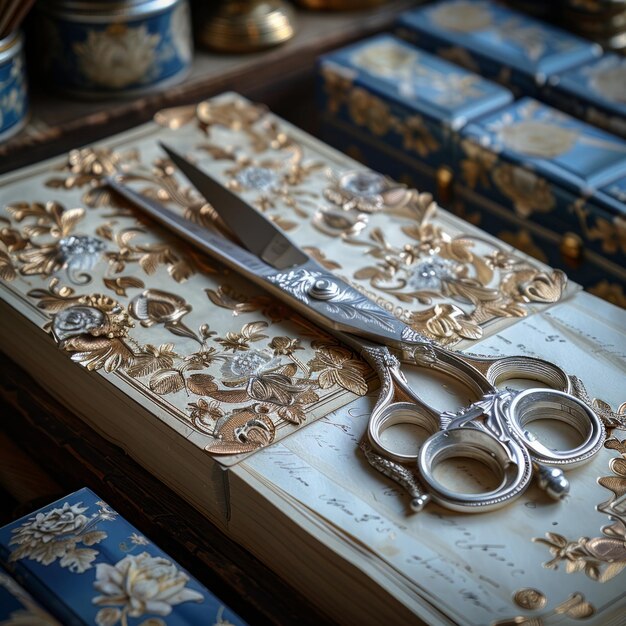 Ornate silver scissors resting on an antique book with a gold floral design