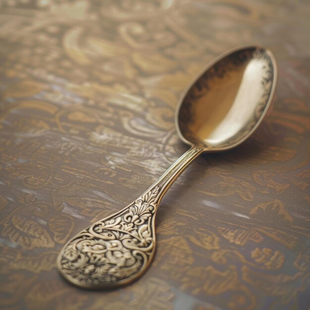 Photo ornate silver spoon with detailed handle on textured surface