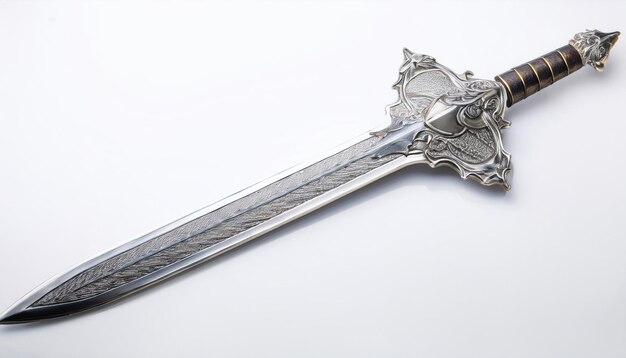 Ornate Silver Sword with Etched Blade on White Background