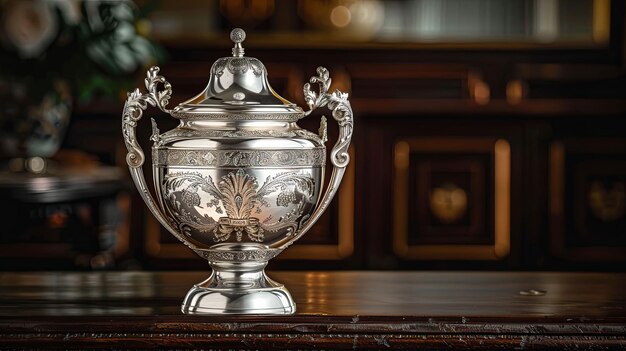 Photo ornate silver urn with intricate floral designs on a wooden table