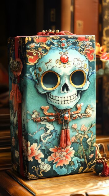 Photo an ornate skull box showcases vibrant colors and detailed craftsmanship in a serene setting