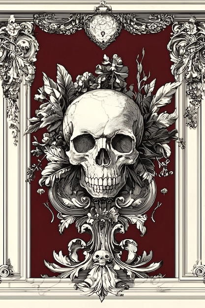 Photo ornate skull with floral surroundings on red background