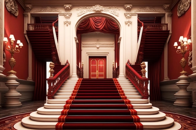 An ornate staircase in red room with red carpet Generative AI