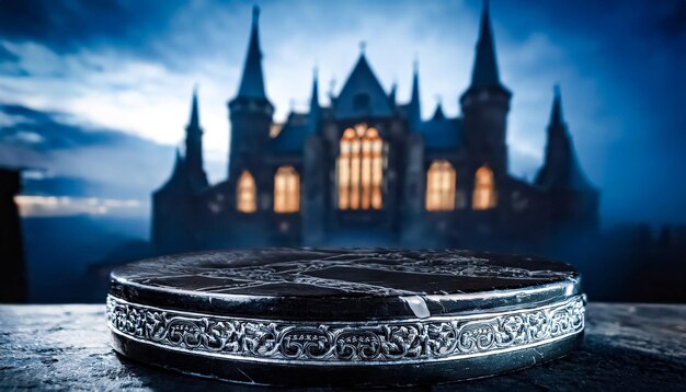 Photo ornate stone plinth against a medieval castle