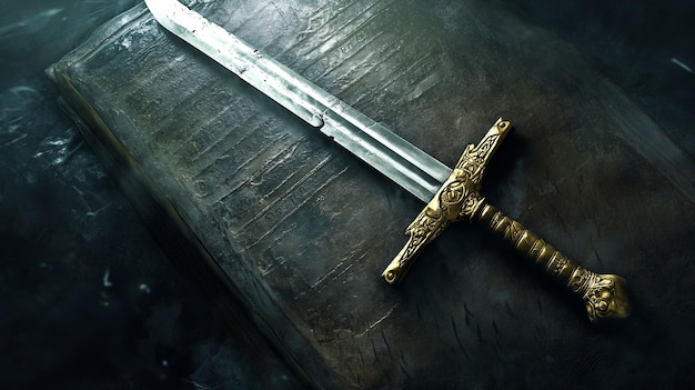 Photo an ornate sword with a gold hilt lays atop a thick leatherbound book with a dark ominous background