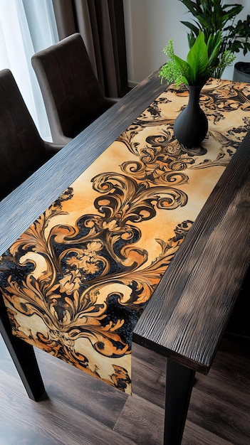 Ornate Table Runner with Black and Orange Design on a Wooden Table