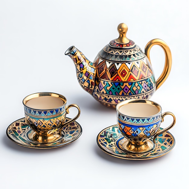 Ornate Teapot and Cups with Geometric Pattern