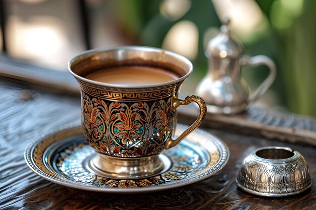 Ornate Turkish coffee cup with intricate patterns and saucer on a wooden table