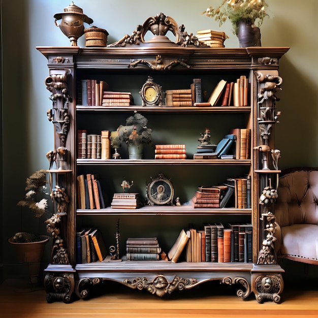 Photo ornate vintage bookshelf generative ai