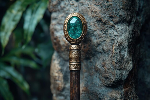 Photo ornate walking stick with emerald gemstone