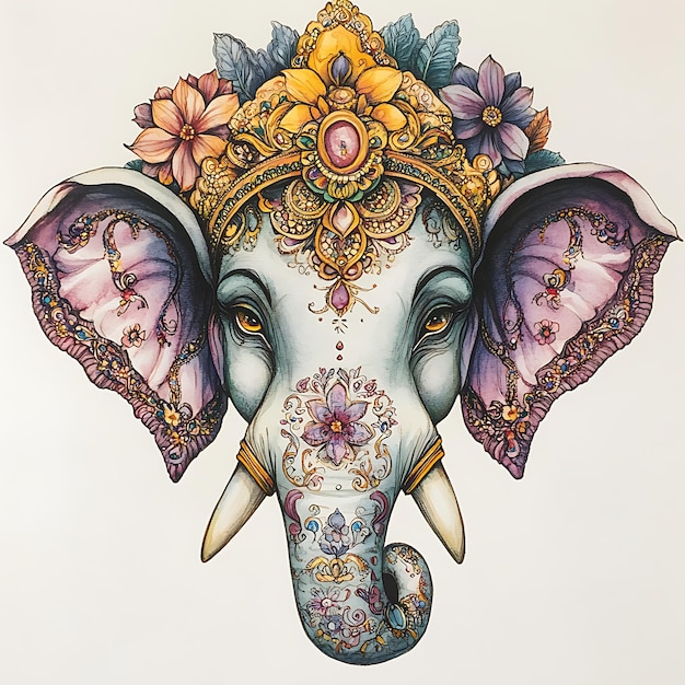 Ornate Watercolor Illustration of Ganesha with Floral Headpiece