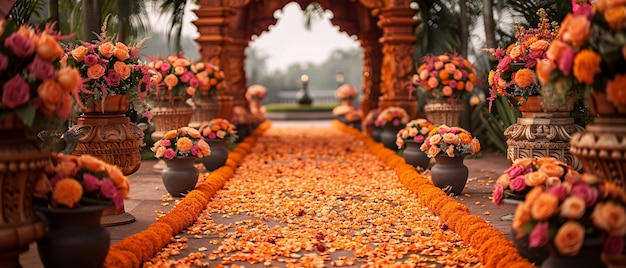 Ornate Wedding Ceremony Decor with Flower Petals and Garlands