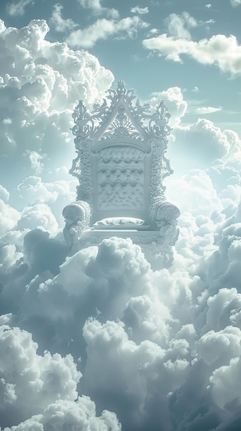 Ornate white throne floating among clouds surreal fantasy scene