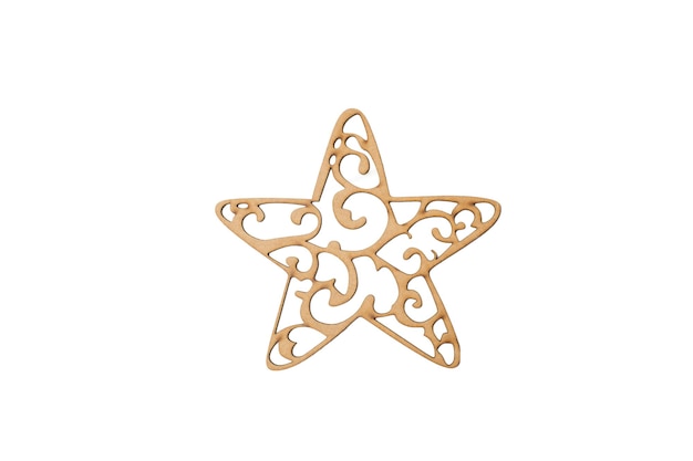 A ornate wood star on a white background with copy space