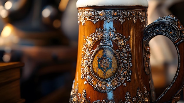 Photo ornate wooden beer mug with intricate metalwork