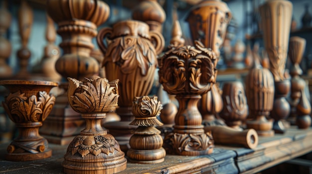 Ornate Wooden Carvings in a Workshop