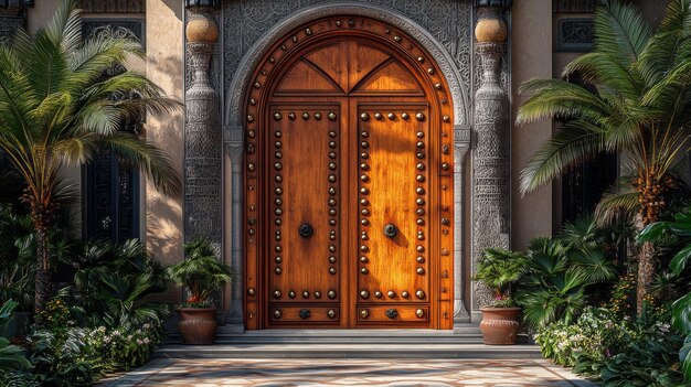 Ornate wooden doors framed by lush greenery and tropical plants