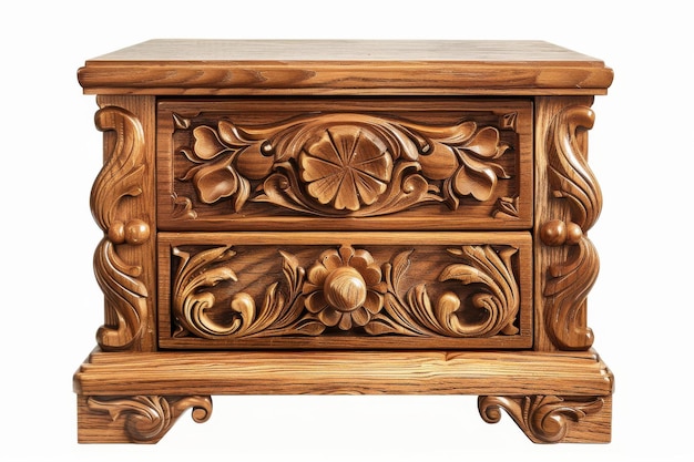 Ornate Wooden Nightstand With Two Carved Drawers