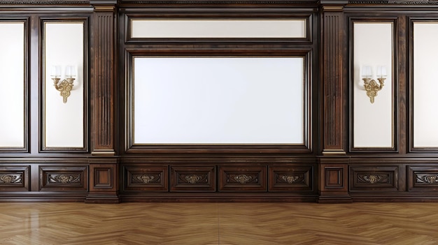 Photo ornate wooden wall paneling with a blank screen in the center