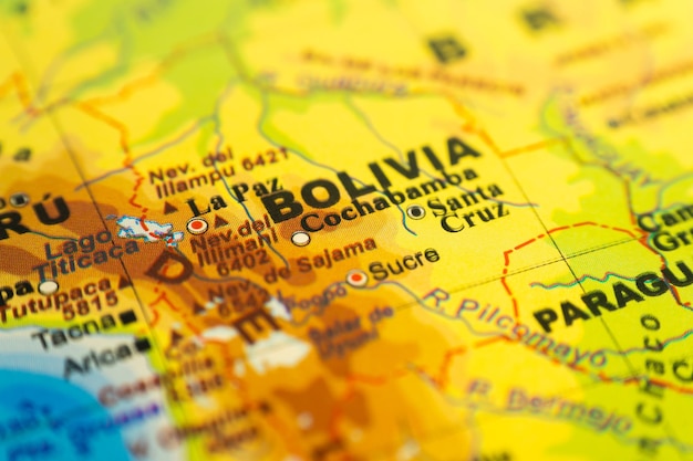 Orographic map of Bolivia with references in Spanish Concept of cartography travel tourism geography Differential focus