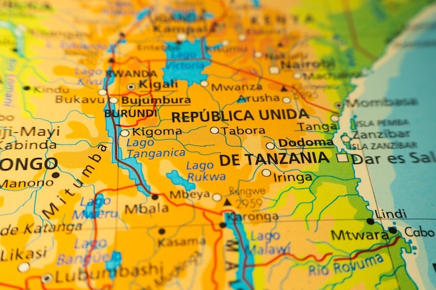 Orographic map of Tanzania with Tanganyika and Ruwka lakes Zanzibar island and Dar el Salam With references in Spanish Concept of cartography travel tourism geography Differential approach