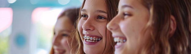 Photo orthodontist adjusting teenage girls colorful brackets and wires mouths smiling