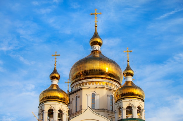 Orthodox cathedral domes and golden crosses in Khabarovsk, Russia