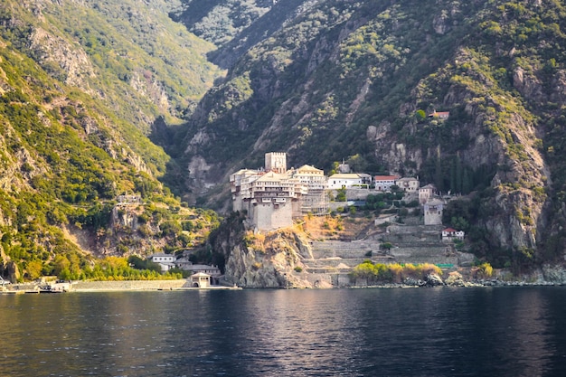 Orthodox Greek monastery on Mount Athos View from sea Dionysiou