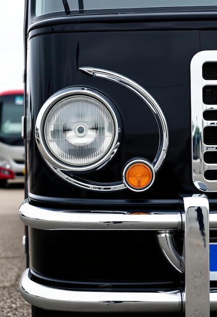 Photo orthogonal perspective front view of large bus headlights with chrome trim