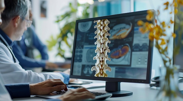 Orthopedic Doctor Holding Bone Model in Front of Computer Displaying Xray Image and Bone Structures