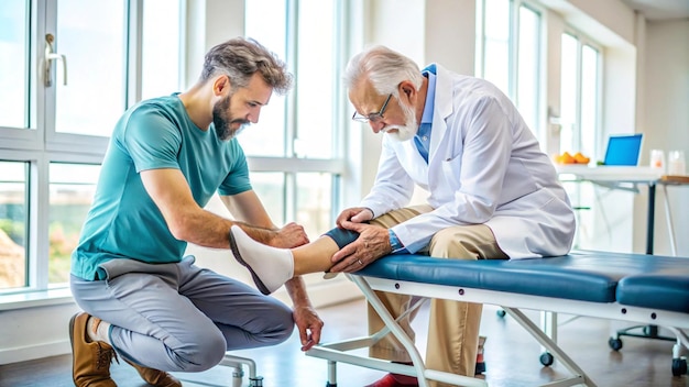 Photo orthopedist examining senior patients foot in a rehab center