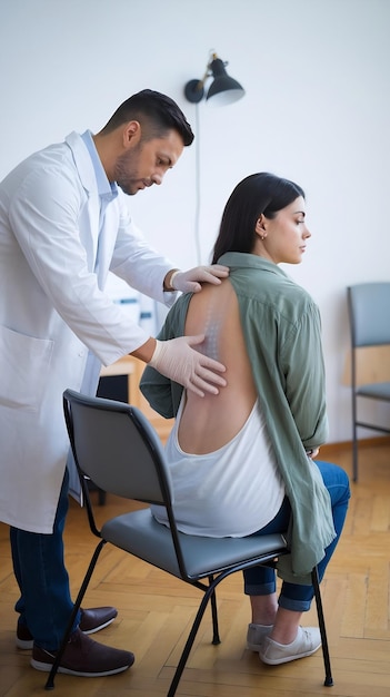 Orthopedist examining womans back in clinic scoliosis treatment