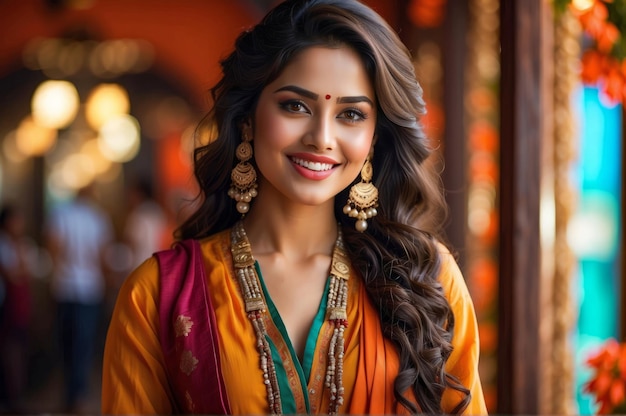 ortrait of young smiling elegant Indian princess with brown hair and ornaments