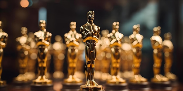 Photo the oscars celebrate the best in film with iconic golden statuettes concept film industry awards ceremony golden statuettes hollywood glamour red carpet fashion