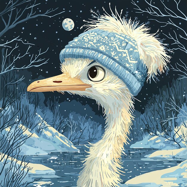 Ostrich Wearing a Winter Hat by a Frozen Lake