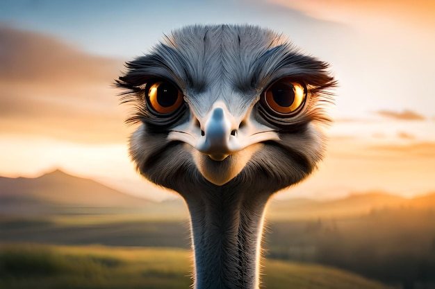 An ostrich with a sunset background