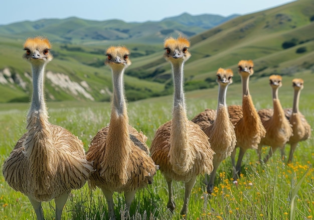 Ostriches standing in row in the grass A group of ostriches stand together in a grassy field