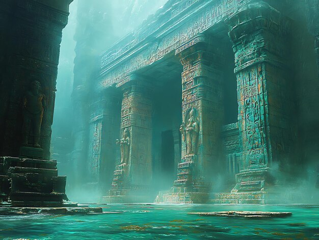 An otherworldly and imaginative concept art of an ancient alien temple with colossal statues